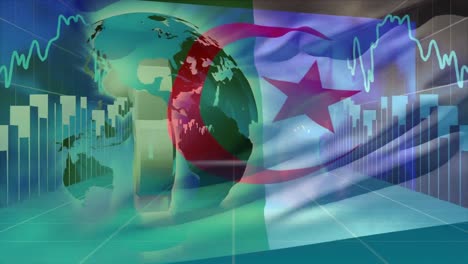 Animation-of-data-processing-over-flag-of-algeria-and-globe