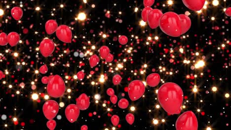Animation-of-multiple-glowing-spots-and-red-balloons-flying-on-black-background
