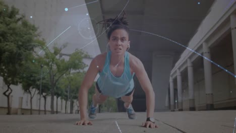 Animation-of-network-of-connections-over-woman-exercising-outdoors