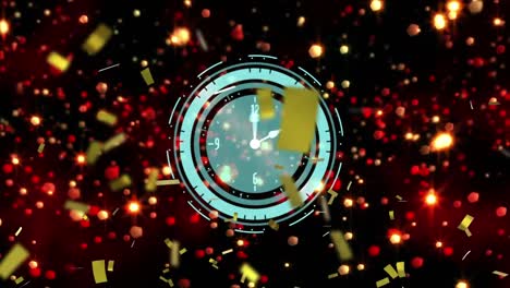 Animation-of-glowing-lights,confetti-falling-and-clock-on-black-background
