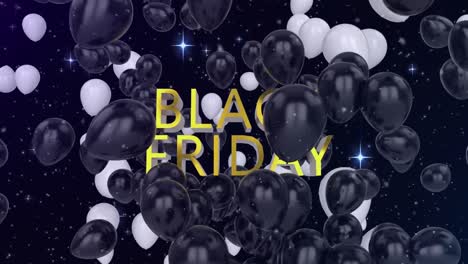 Animation-Von-Black-Friday-Text-Mit-Weißen-Und-Schwarzen-Luftballons,-Die-Auf-Schwarzem-Hintergrund-Fliegen