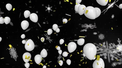 Animation-of-confetti-falling-and-white-balloons-flying-on-black-background