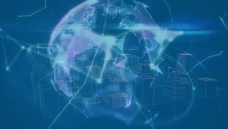 Animation-Des-Globus-über-3D-Stadtzeichnung-Und-Netzwerk-Von-Verbindungen