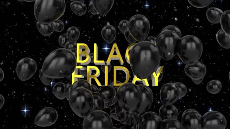 Animation-of-black-friday-text,-confetti-falling-and-black-balloons-flying-on-black-background