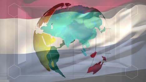 Animation-of-data-processing-over-flag-of-netherlands-and-globe