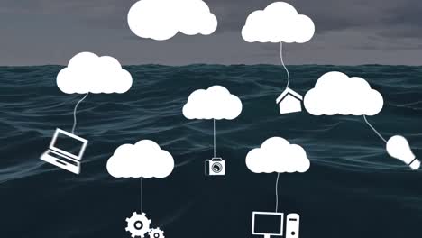 Animation-of-digital-clouds-with-icons-over-seascape