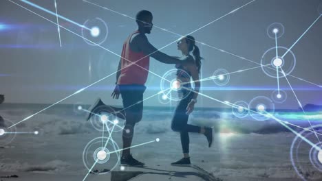 Animation-of-network-of-connections-over-woman-and-man-exercising-outdoors