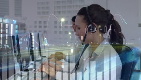 Animation-of-data-processing-over-business-people-wearing-phone-headsets