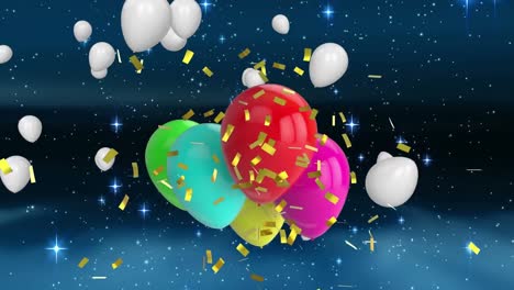 Animation-of-confetti-falling-and-multi-coloured-balloons-flying-on-blue-background