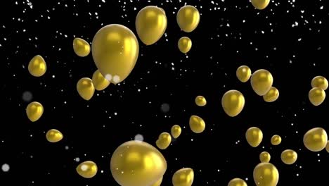 Animation-of-confetti-falling-and-gold-balloons-flying-on-black-background