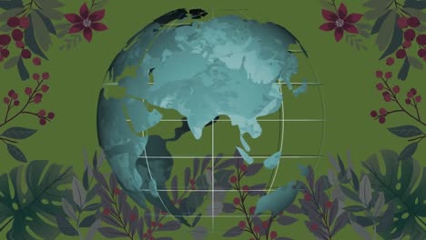 Animation-of-globe-spinning-over-floral-background