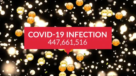 Animation-of-text-covid-19-infection,-with-rising-number,-gold-confetti-lights-and-emojis-on-black
