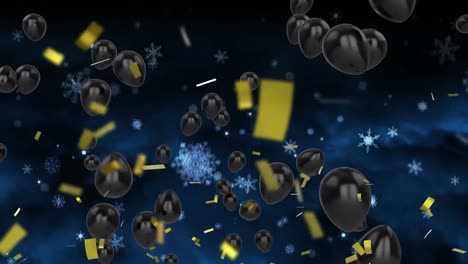 Animation-of-confetti-falling-and-black-balloons-flying-on-blue-background