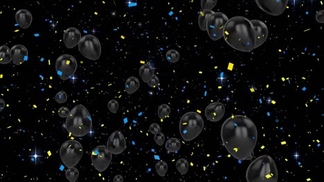 Animation-of-confetti-falling-and-black-balloons-flying-on-black-background