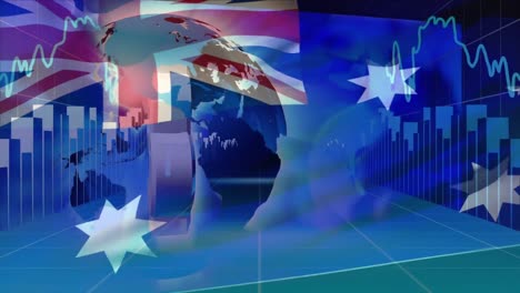 Animation-Der-Sich-Bewegenden-Flagge-Australiens-über-Der-Datenverarbeitung-Und-Dem-Globus