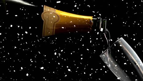 Animation-Von-Konfetti,-Das-über-Eine-Champagnerflasche-Fällt-Und-In-Glas-Auf-Schwarzem-Hintergrund-Gießt