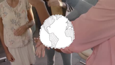 Animation-Des-Globus-über-Geschäftskollegen,-Die-Hände-Stapeln