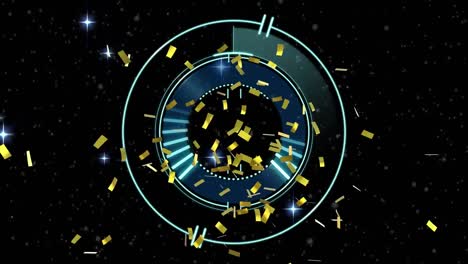 Animation-of-circular-scanner-rotating,-with-gold-confetti-and-stars-on-black-background