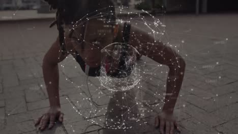 Animation-of-globe-with-network-of-connections-over-woman-doing-push-ups-in-city-street