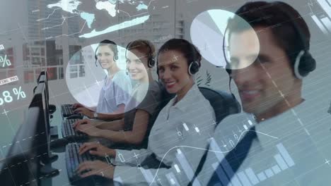 Animation-of-financial-data-processing-over-business-people-wearing-headsets