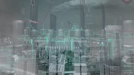 Animation-Einer-3D-Stadtzeichnung,-Die-Sich-Dreht-Und-Daten-Verarbeitet,-über-Einem-Industriellen-Stadtbild