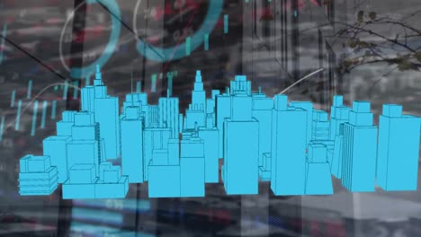 Animation-of-3d-city-drawing-spinning-and-data-processing-over-cityscape