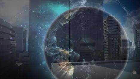 Animation-Eines-Rotierenden-Globus-Mit-Leuchtendem-Netzwerk-Von-Verbindungen-über-Dem-Stadtbild