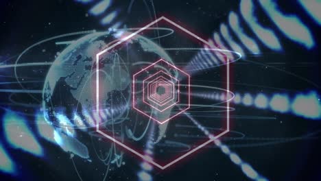 Animation-of-globe,-neon-hexagons-with-rows-of-glowing-lights-and-network-of-connections