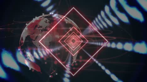 Animation-of-globe,-neon-diamonds-with-rows-of-glowing-lights-and-network-of-connections