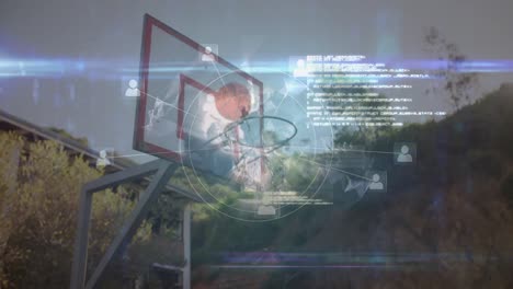Animation-Eines-Rotierenden-Globus-Mit-Netzwerk-Von-Verbindungen-über-Basketball,-Der-In-Einen-Basketballkorb-Fällt