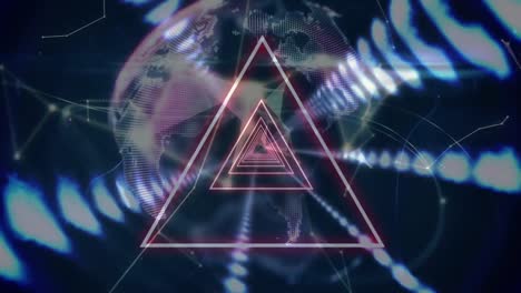 Animation-of-globe,-neon-triangles-with-rows-of-glowing-lights-and-network-of-connections