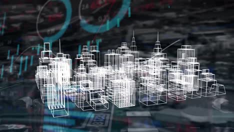 Animation-of-3d-city-drawing-spinning-over-cityscape