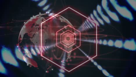 Animation-of-globe,-neon-hexagons-with-rows-of-glowing-lights-and-network-of-connections