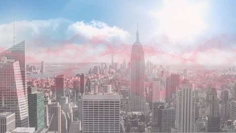 Animation-of-red-vapour-moving-over-city-at-sunset