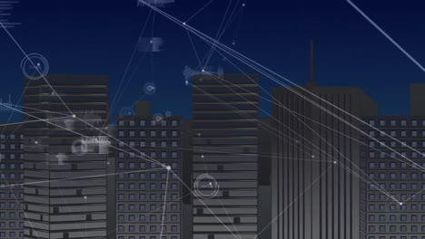 Animation-Der-Datenverarbeitung-Mit-Einem-Netzwerk-Von-Verbindungen-über-Dem-Stadtbild