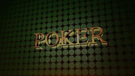 Animation-of-shiny-gold-text-poker,-on-black-grid,-over-falling-white-confetti-and-green-background