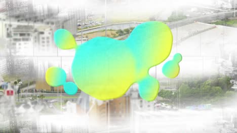 Animation-of-green-and-yellow-blot-moving-over-fast-speed-city-view
