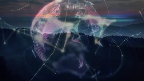 Animation-Eines-Rotierenden-Globus-Mit-Leuchtendem-Netzwerk-Von-Verbindungen-über-Der-Sonnenuntergangslandschaft