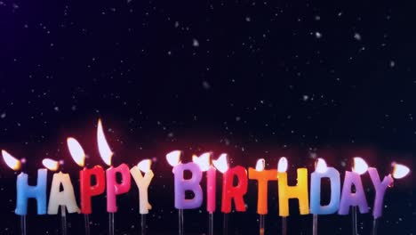 Animation-of-snowflakes-falling-over-lover-lit-candles-spelling-happy-birthday,-blown-out,-on-black