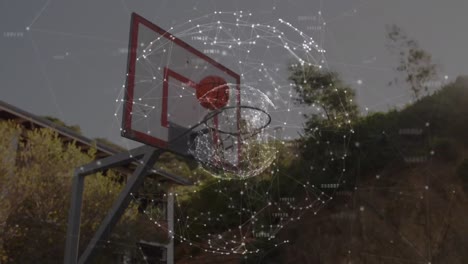 Animation-of-rotating-globe-with-network-of-connections-over-basketball-falling-into-basketball-hoop