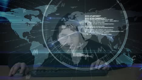 Animación-De-Acceso-De-Texto-Denegado,-Interfaz-De-Inicio-De-Sesión-Con-Mapa-Mundial-Y-Hacker-Usando-Una-Computadora