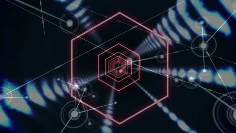 Animation-of-neon-hexagons-with-rows-of-glowing-lights-and-network-of-connections