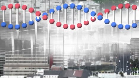 Animation-Eines-3D-DNA-Modells,-Das-Sich-über-Einer-Schnellen-Stadtansicht-Dreht