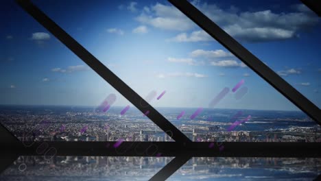Animation-of-purple-light-flares-moving-over-cityscape-view-through-window