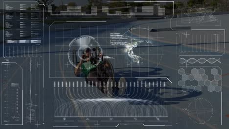 Animation-of-globe-and-data-on-digital-interface-over-cyclist-on-recumbent-cycle-on-sports-track