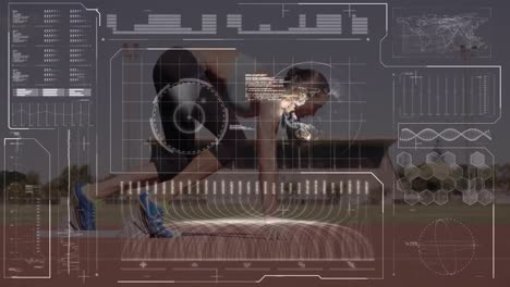 Animation-of-data-processing-on-digital-interface-over-woman-running-on-sports-track