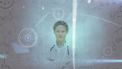 Animation-of-glowing-network-of-connections-over-portrait-of-female-doctor