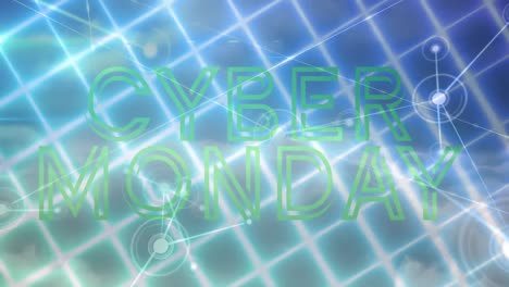 Animation-of-cyber-monday-text-and-network-of-connections-over-neon-grid