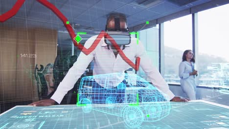 Animation-of-red-lines-processing-and-3d-car-drawing-on-grid-over-businessman-using-vr-headset