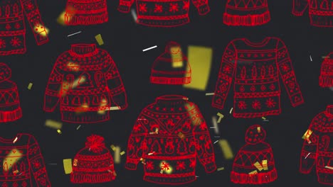 Animation-of-gold-confetti-falling-over-red-knitted-hats-and-jumpers,-on-black-background